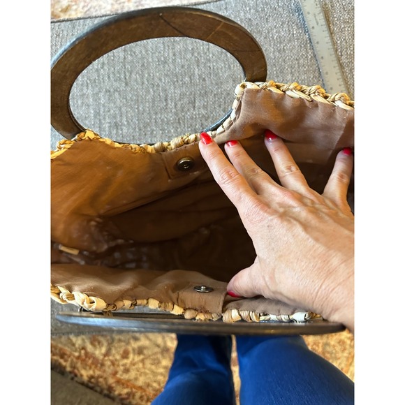 Boho Straw Woven Handbag Brown Tan Fan Shape Wooden Circle Handle Tote Bag EUC - Picture 6 of 8